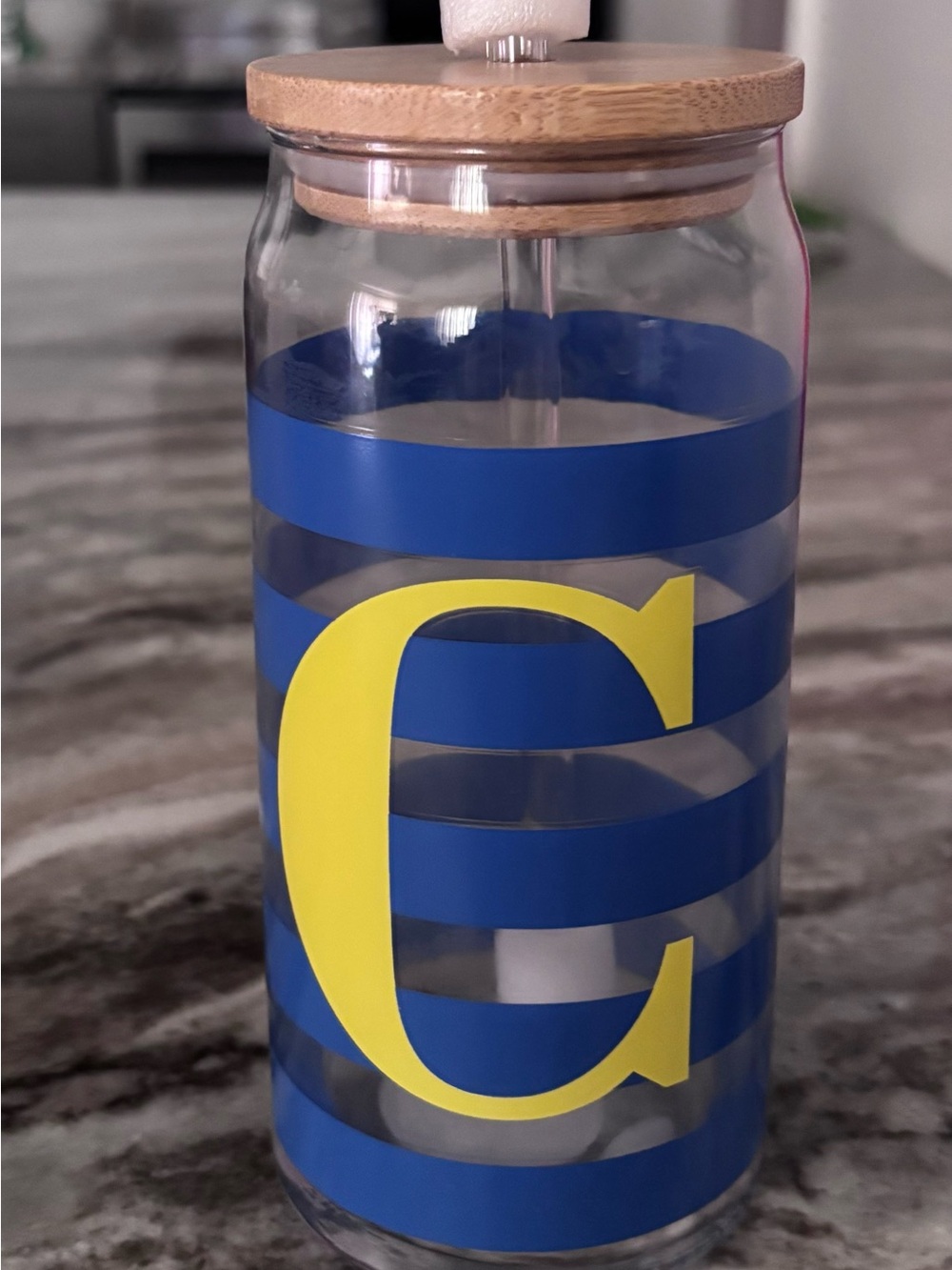 Blue Striped Glass Canister with Yellow 'C' and Bamboo Lid